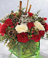 
Send this bouquet of holiday colors - white roses, red carnations and Christmas greens - to express your happiest holiday wishes...
			