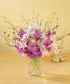 
This bouquet of fifteen stems of exotic mistine and fuchsia Dendrobium orchids is perfectly elegant on its own...
			