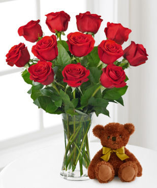 Red Roses and Hugs with Vase - FedEx