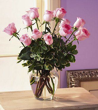 One Dozen Pink Roses - Vased