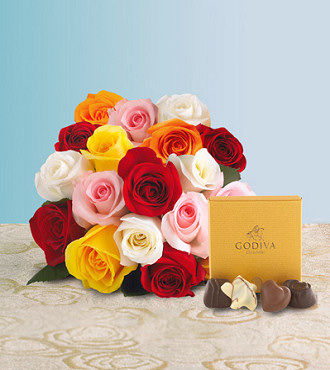 18 Mixed Roses with Godiva Chocolates - FedEx