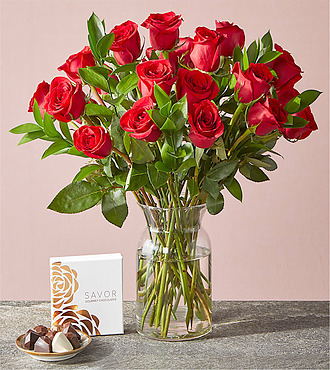 XXX Two Dozen Valentine Red Roses with Handcrafted Chocolates - FedEx