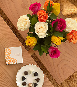 One Dozen Assorted Roses with Glass Vase and Box of Chocolates - FedEx