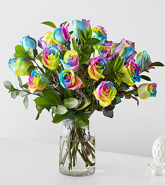 Rainbow Rose Bouquet - 24 Roses With Vase - FedEx - BD21