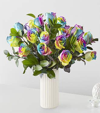 Rainbow Rose Bouquet - 24 Roses With White Fluted Vase - FedEx - BD21WF
