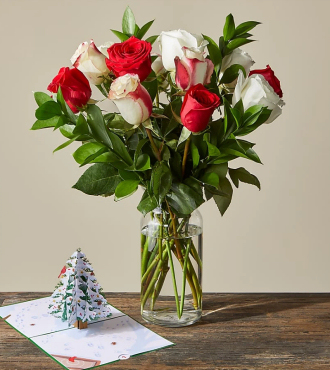 Santa Baby Rose Bouquet and Christmas Tree Pop - Up Card - FedEx