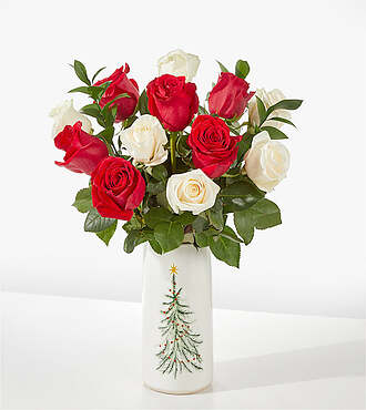 Santa Baby Rose Bouquet - 12 Roses with Tree Vase - FedEx - CCR12VTR