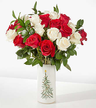 Santa Baby Rose Bouquet - 24 Roses with Tree Vase - FedEx - CCR24VTR
