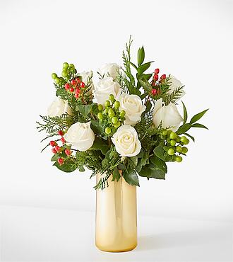 Swirling Snowflakes Bouquet - Standard with Gold Vase - FedEx - F-F07VG
