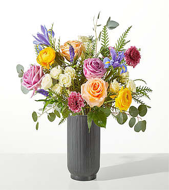 Gleaming Iris Bouquet - Standard with Black Fluted Vase - FedEx - F-F17VBF