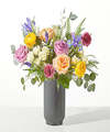 Image of Standard version for Gleaming Iris Bouquet - Standard with Black Fluted Vase - FedEx