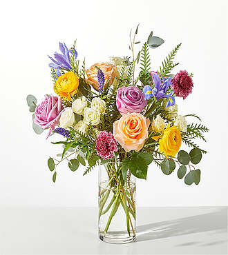 Gleaming Iris Bouquet - Standard with Clear Vase - FedEx - F-F17VCB