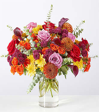 Vivid Sunset Bouquet - Deluxe with Clear Vase - FedEx - F-F52VMJ