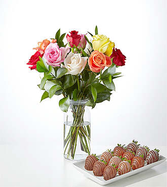 Mixed Roses and Berry Bundle - 12 Roses with Berries and Glass Vase - FedEx - F492-BRY