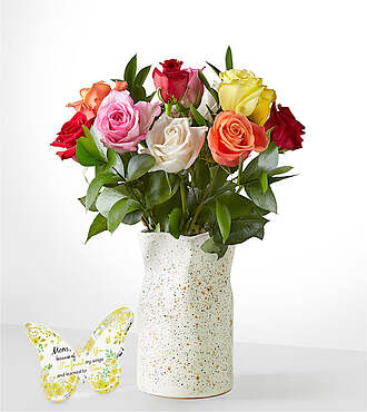 Mother's Day Mixed Roses - 12 Roses with Sculpted Vase and Acrylic Keepsake - FedEx - F492VSTAKB