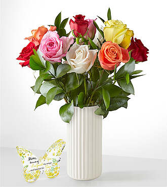 Mother's Day Mixed Roses - 12 Roses with White Fluted Vase and Acrylic Keepsake - FedEx - F492WFAKB