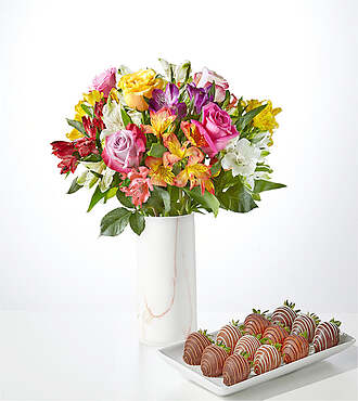 Smiles and Sunshine Bouquet and Berry Bundle - Standard Bouquet with Berries and Marble Vase - FedEx - FB336VPM-BRY