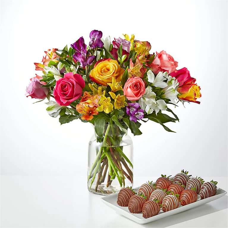 Smiles and Sunshine Bouquet and Berry Bundle - Deluxe Bouquet with Berries and Glass Vase - FedEx - FB337-BRY