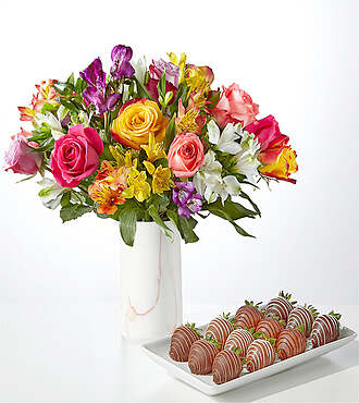 Smiles and Sunshine Bouquet and Berry Bundle - Deluxe Bouquet with Berries and Marble Vase - FedEx - FB337VPM-BRY