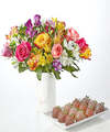 Image of Standard version for Smiles and Sunshine Bouquet and Berry Bundle - Deluxe Bouquet with Berries and Marble Vase - FedEx