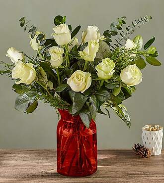 White Holiday Rose Bouquet with Red Vase - FedEx