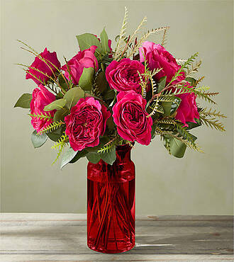 Red Garden Rose Bouquet with Red Vase - FedEx