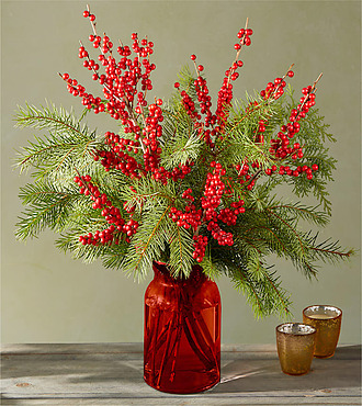 Brisk Berry Pine Bouquet with Red Vase - FedEx