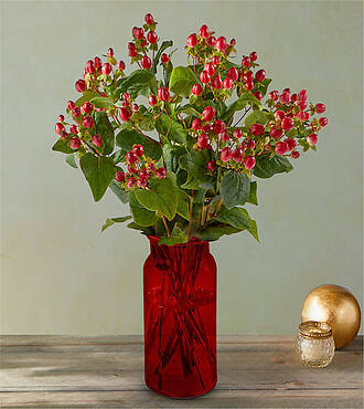 Holly Bushel Bouquet with Red Vase - FedEx