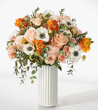 Touch of Honey Anemone Bouquet - Deluxe with White Fluted Vase - FedEx - FE211DWF