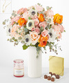 Image of Standard version for Touch of Honey Anemone Bouquet with Fluted Vase - Deluxe with White Fluted Vase Candle, Chocolates and Necklace - FedEx