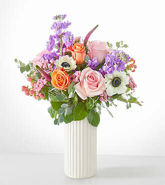 Dressed Up Anemone Bouquet - Standard with White Fluted Vase - FedEx - FE215WF