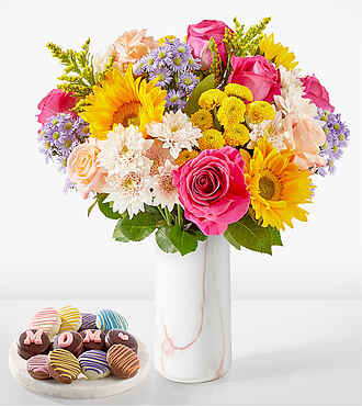 In Good Spirits Bouquet - Deluxe with Marble Vase and Mom Oreos - FedEx - FE218DVPMC4