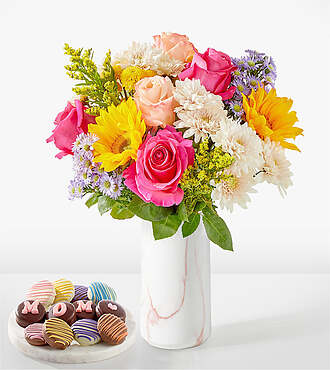 In Good Spirits Bouquet - Standard with Marble Vase and Mom Oreos - FedEx - FE218VPMC4