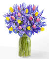 Image of Standard version for Bejeweled Tulip and Iris Bouquet - Deluxe with Clear Vase - FedEx