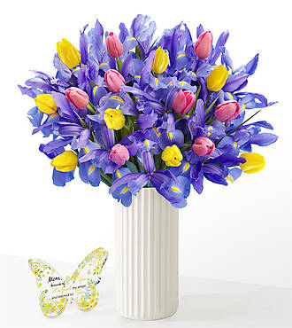 Bejeweled Tulip and Iris Bouquet - Deluxe with White Fluted Vase and Acrylic Keepsake - FedEx - FE232DWFAKB
