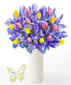 Image of Standard version for Bejeweled Tulip and Iris Bouquet - Deluxe with White Fluted Vase and Acrylic Keepsake - FedEx