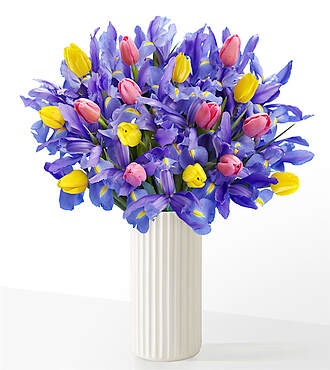 Bejeweled Tulip and Iris Bouquet - Deluxe with White Fluted Vase - FedEx - FE232DWF