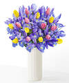 Image of Standard version for Bejeweled Tulip and Iris Bouquet - Deluxe with White Fluted Vase - FedEx