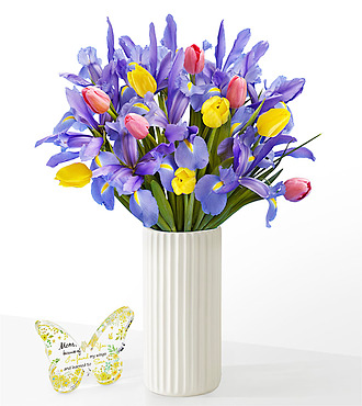 Bejeweled Tulip and Iris Bouquet - Standard with White Fluted Vase and Acrylic Keepsake - FedEx - FE232WFAKB