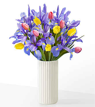 Bejeweled Tulip and Iris Bouquet - Standard with White Fluted Vase - FedEx - FE232WF