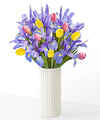 Image of Standard version for Bejeweled Tulip and Iris Bouquet - Standard with White Fluted Vase - FedEx