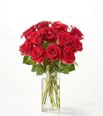One Dozen Red Rose Bouquet - 12 Roses with Glass Vase - FedEx - FE82-X