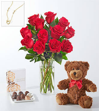 Red Roses Gift Sets - 12 Roses with Vase Chocolate, Bear and Necklace - FedEx - FE82CBN