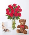 Image of Standard version for Red Roses Gift Sets - 12 Roses with Vase Chocolate, Bear and Necklace - FedEx