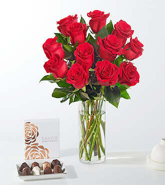 Romanced Red Rose Gift Sets - 12 Roses with Vase and Chocolate - FedEx - FE82CH-X