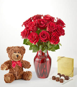 Romanced Red Rose Gift Sets - 12 Roses with Red Vase Chocolate, and Bear - FedEx - FE82RCB-X