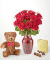 Image of Standard version for Romanced Red Rose Gift Sets - 12 Roses with Red Vase Chocolate, and Bear - FedEx