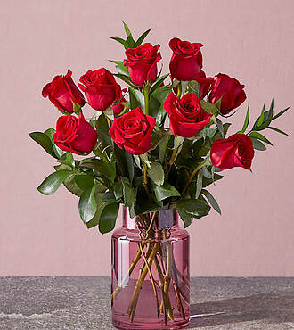 Dozen Red Roses Bouquet with Red Vase - FedEx