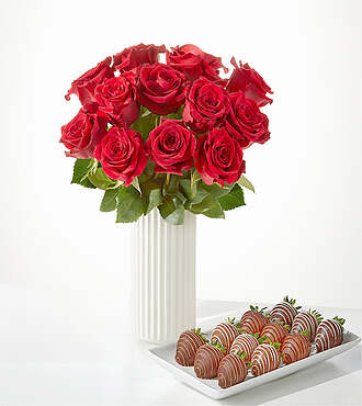 Red Rose Bouquet and Berry Bundle - 12 Roses with Berries and White Fluted Vase - FedEx - FE82WF-BRY