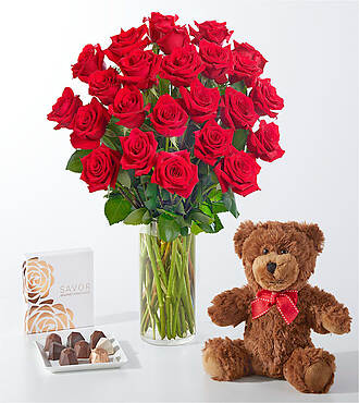 Romanced Red Rose Gift Sets - 24 Roses with Vase Chocolate, and Bear - FedEx - FE84CB-X